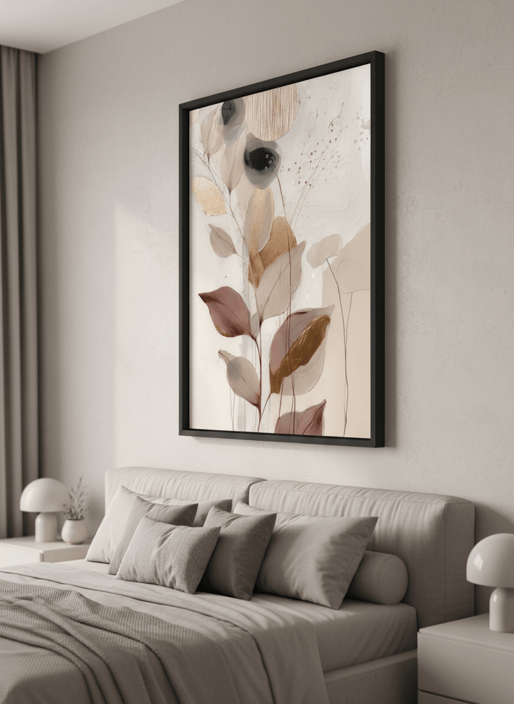 Minimalist artwork displayed in a calm, light-filled bedroom interior