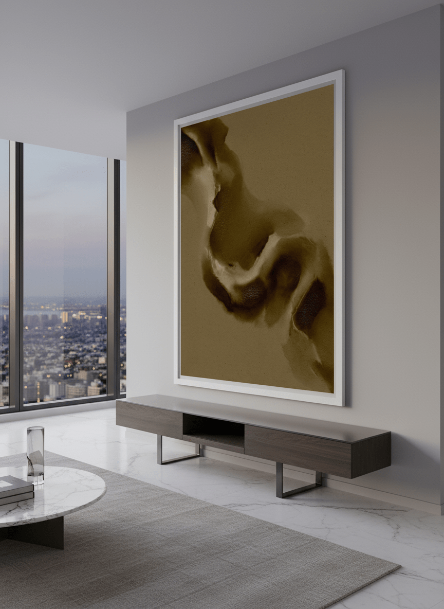 Monumental artwork centred on a feature wall in a luxe interior
