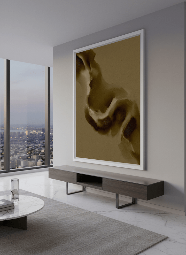 Monumental artwork centred on a feature wall in a luxe interior