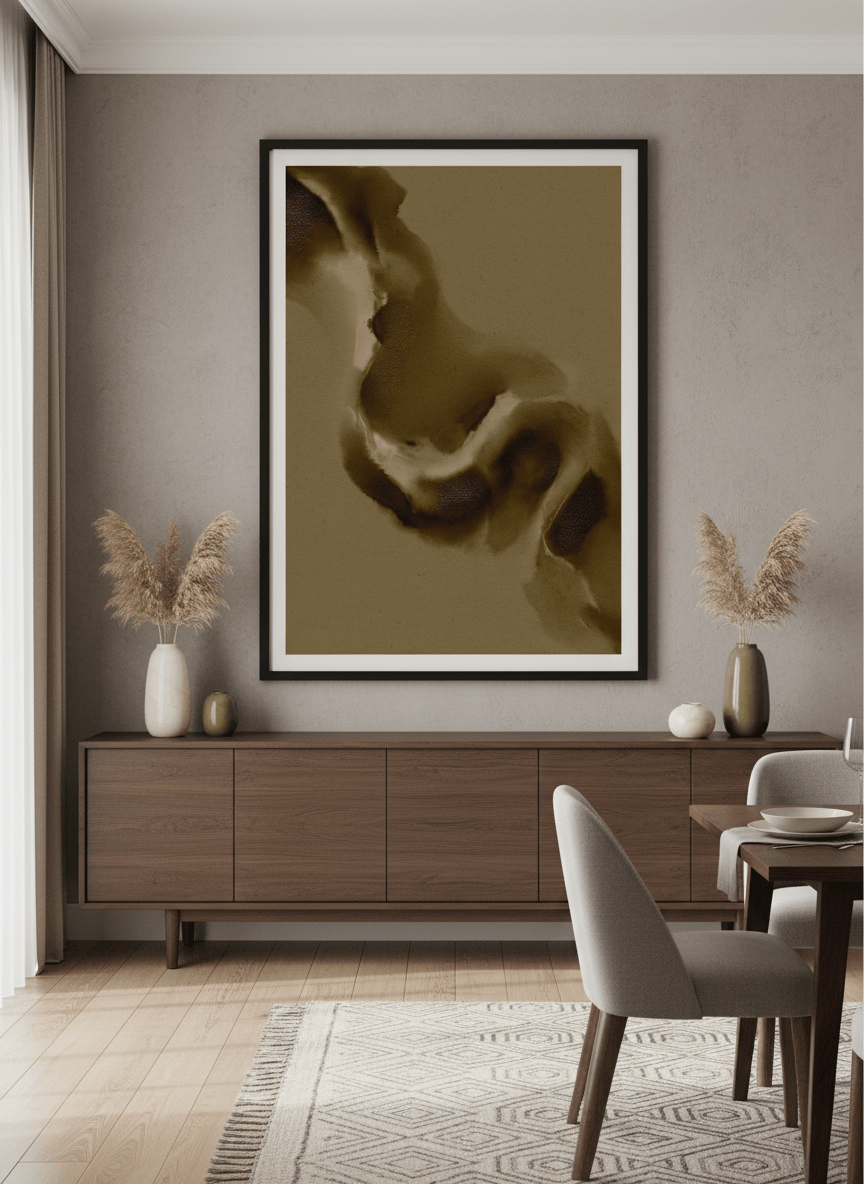 Wall art styled above a dining table in a contemporary home