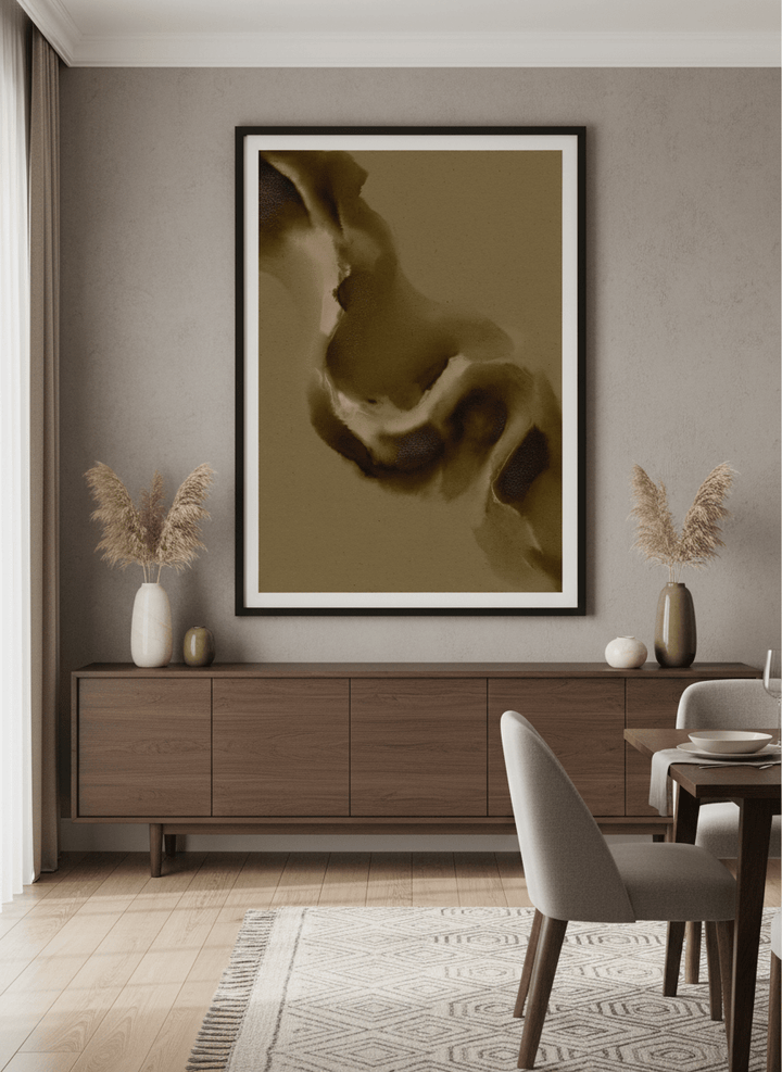 Wall art styled above a dining table in a contemporary home