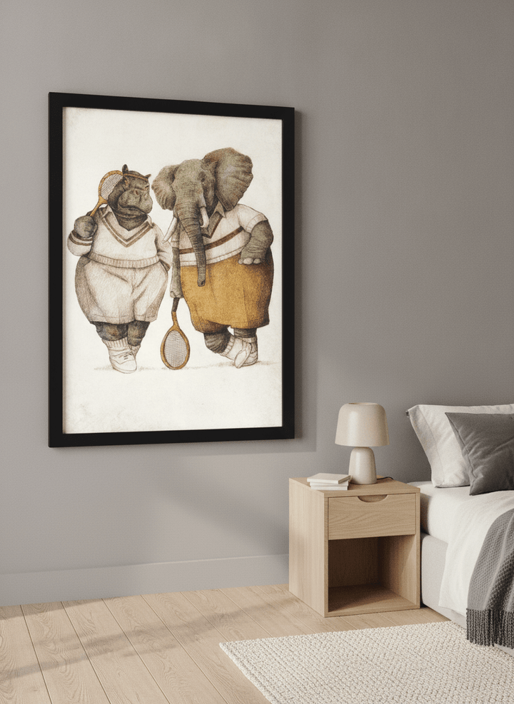 Minimalist artwork displayed in a calm, light-filled bedroom interior