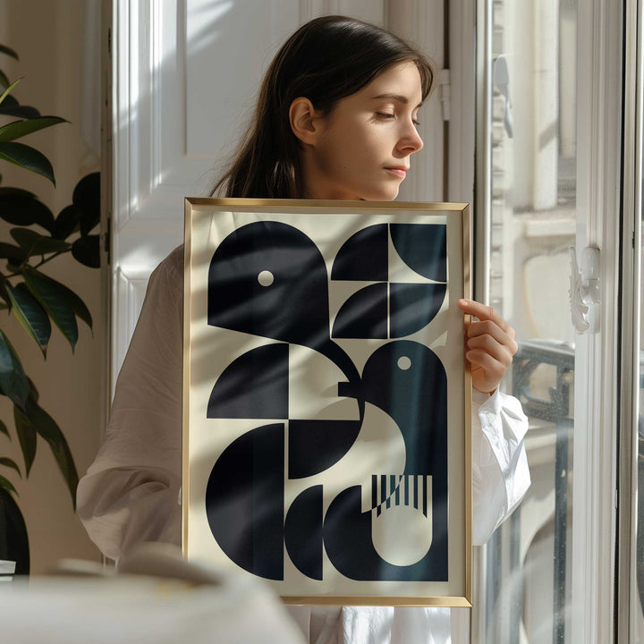 Girl holding poster timber geomtetric design