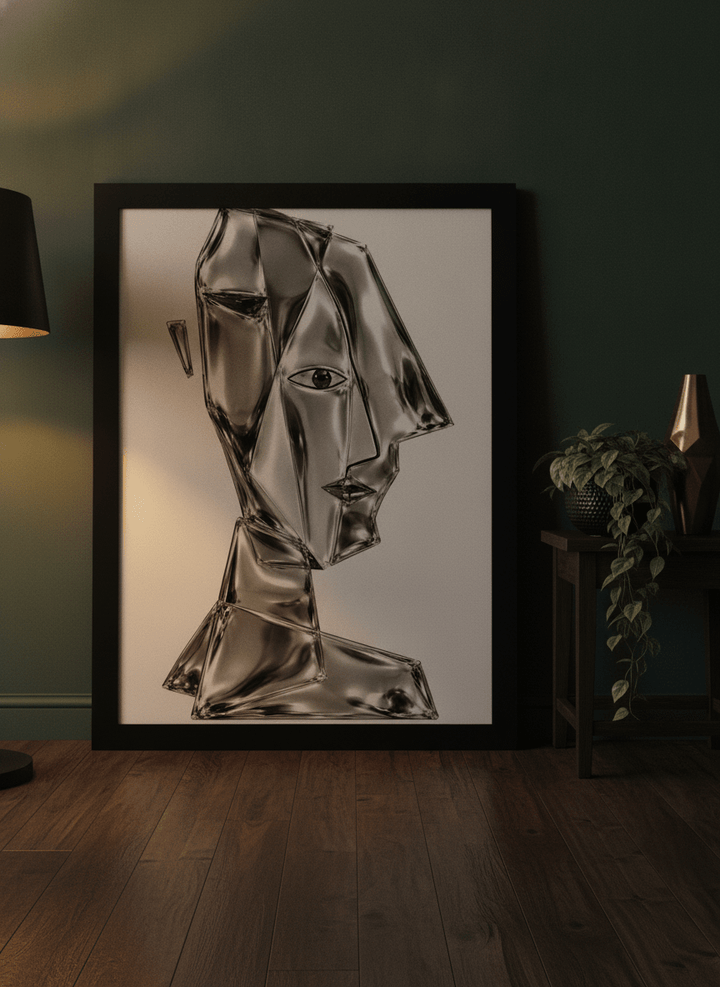 Oversized statement modern wall art print leaning against the wall in a moody living room