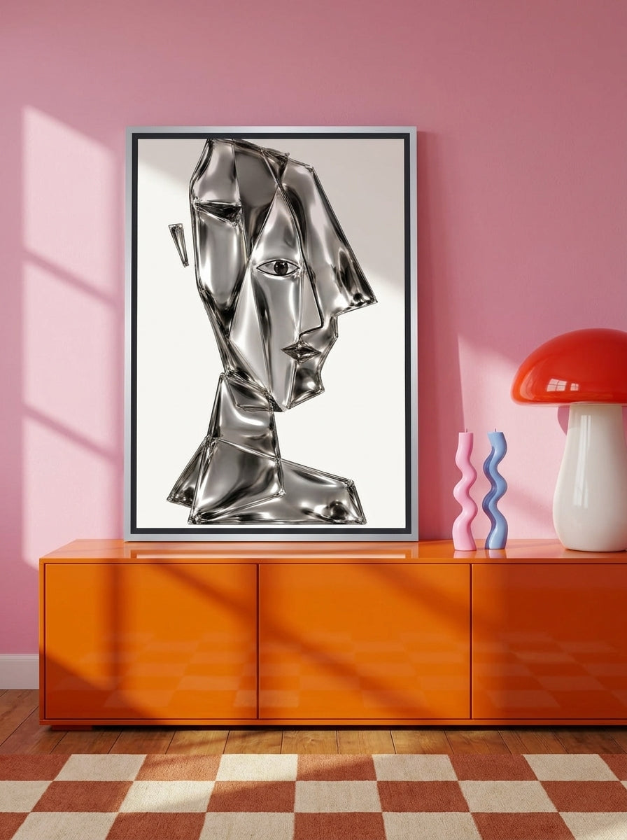 Canvas wall art with a silver leaf surround standing on a sideboard in a colourful eclectic bedroom