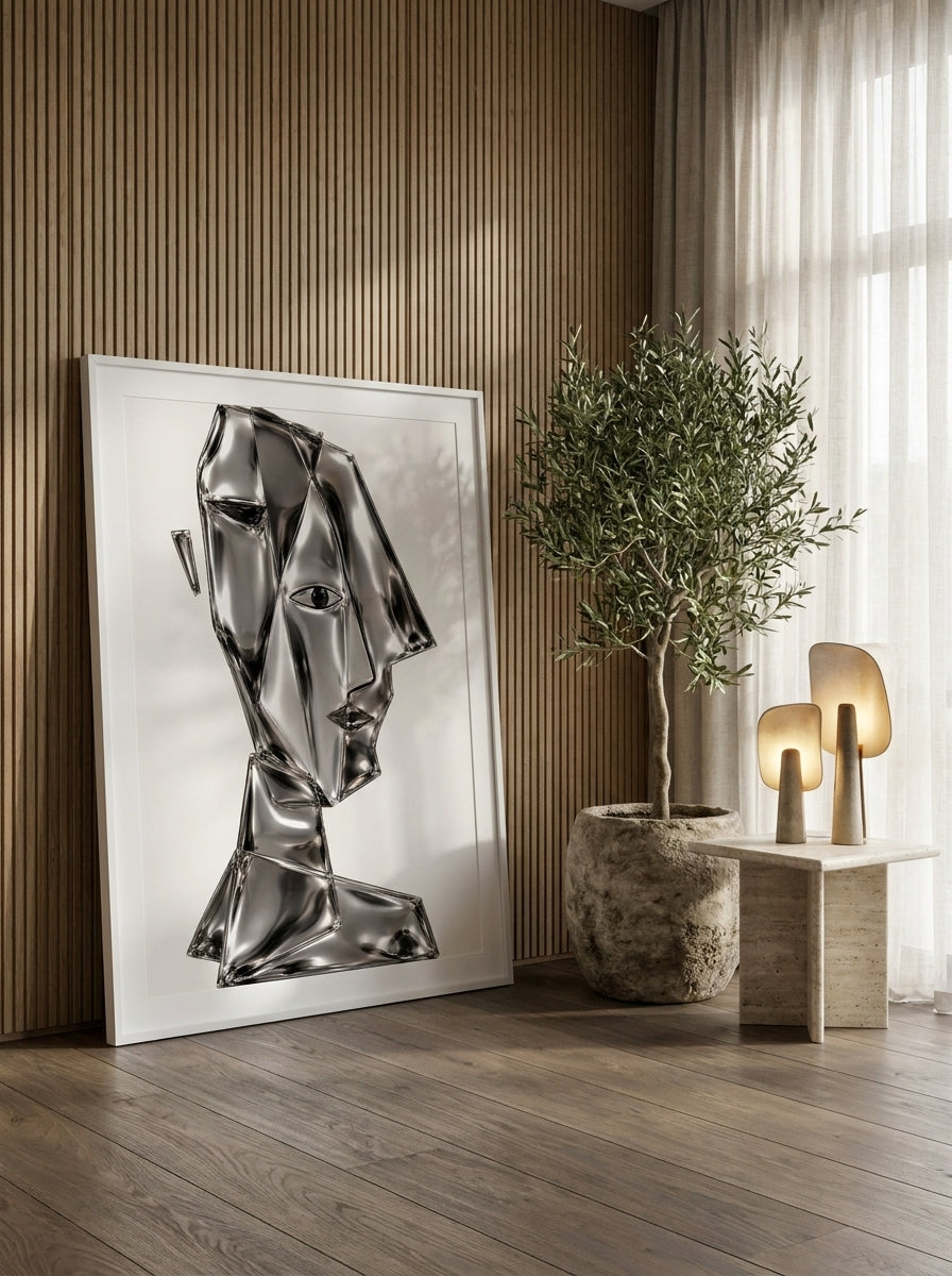 Oversized statement modern wall art print leaning against the wall in a luxe bedroom
