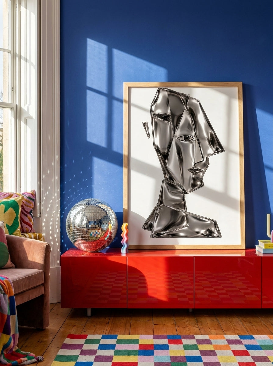Modern wall art print standing on a sideboard in a colourful eclectic living room