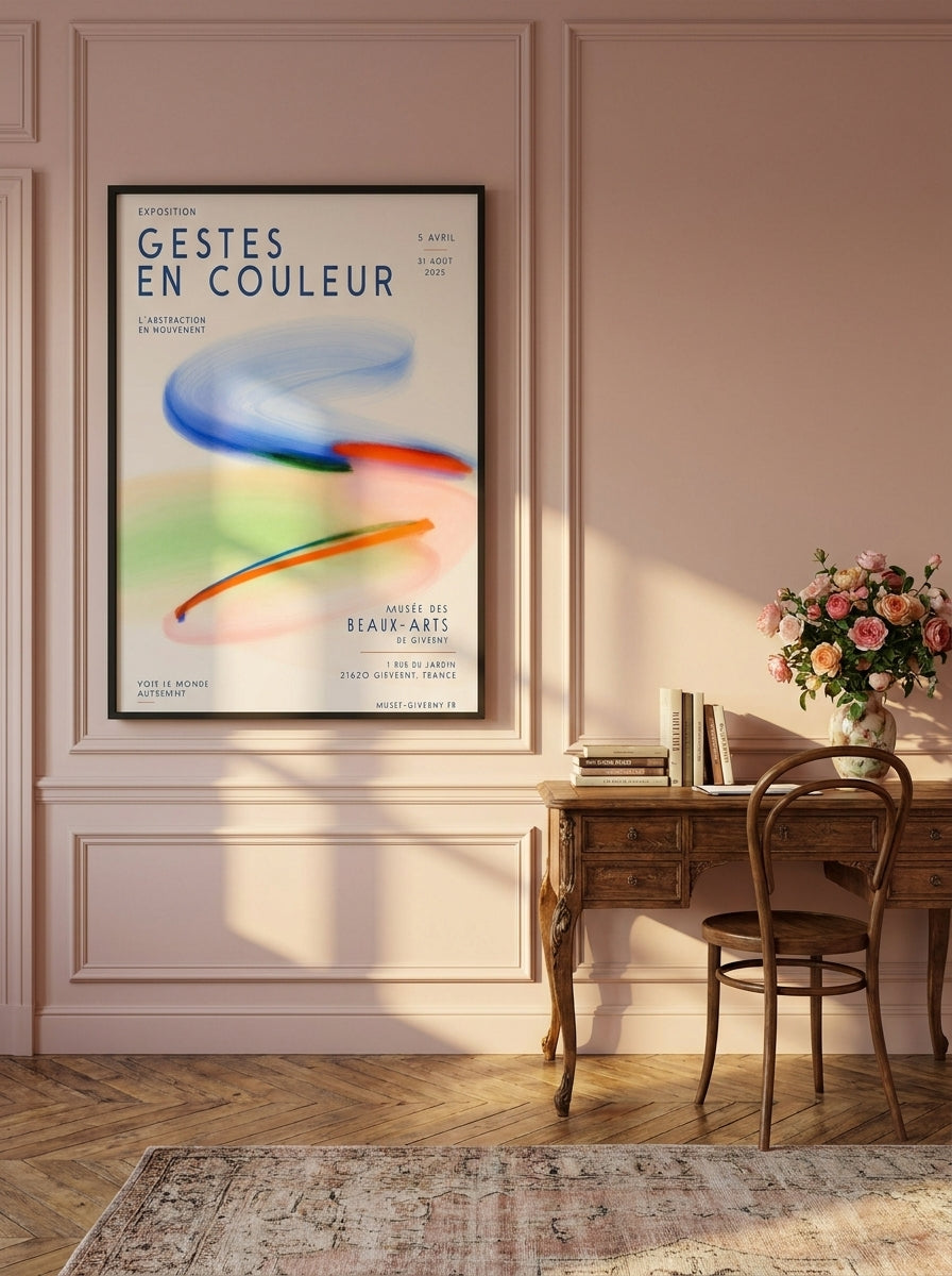 Oversized statement modern wall art print styled on the wall in a Parisian home office