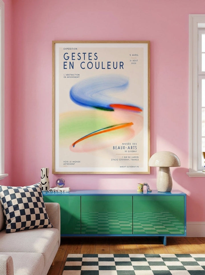 Modern wall art print styled on the wall in a colourful eclectic living room