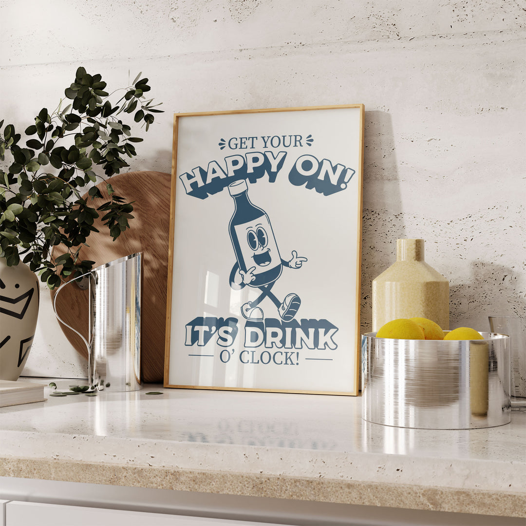 happy hour vintage poster wall art timber border kitchen print