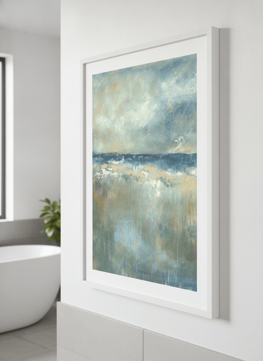 Modern print displayed in a clean minimalist bathroom setting