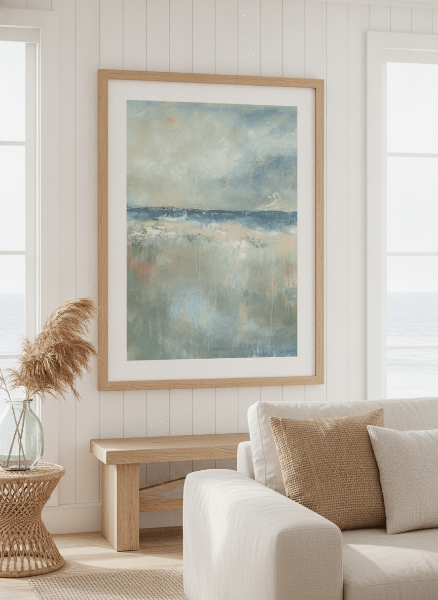 Neutral wall art displayed in a sunny coastal beach house