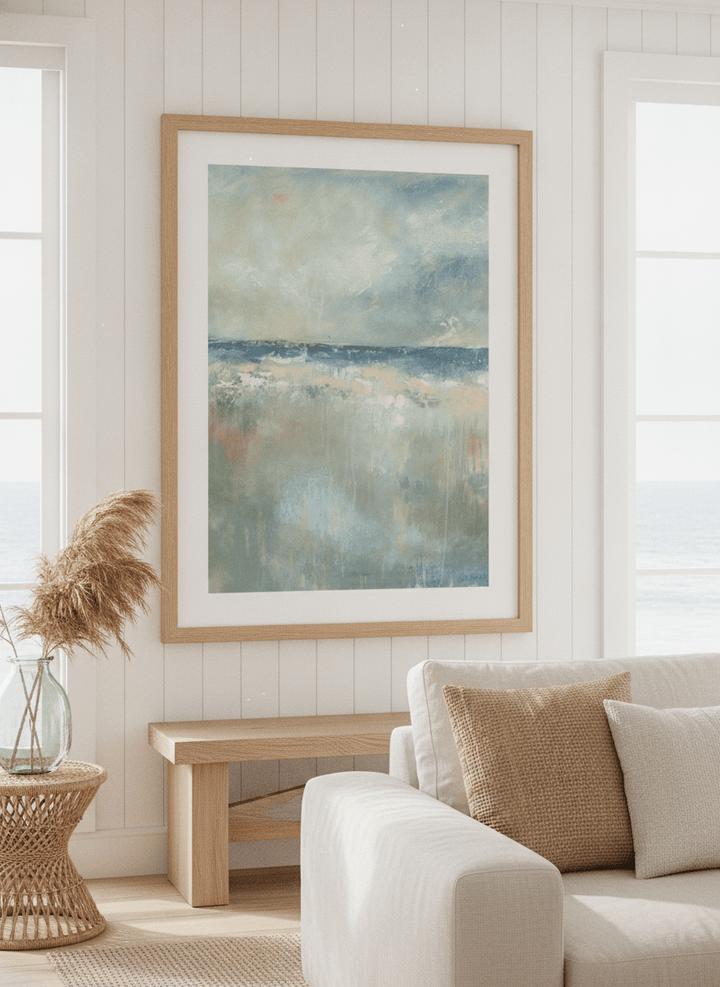 Neutral wall art displayed in a sunny coastal beach house