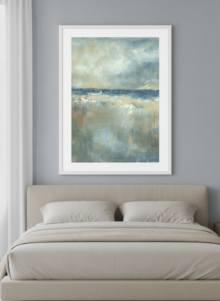 Minimalist artwork displayed in a calm, light-filled bedroom interior