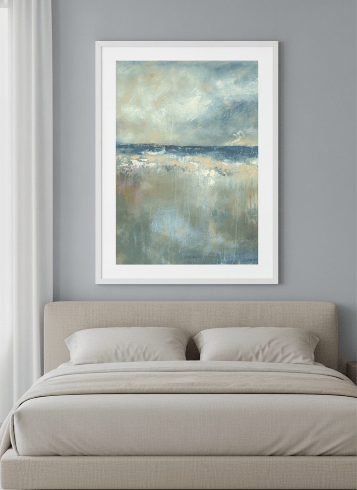 Minimalist artwork displayed in a calm, light-filled bedroom interior