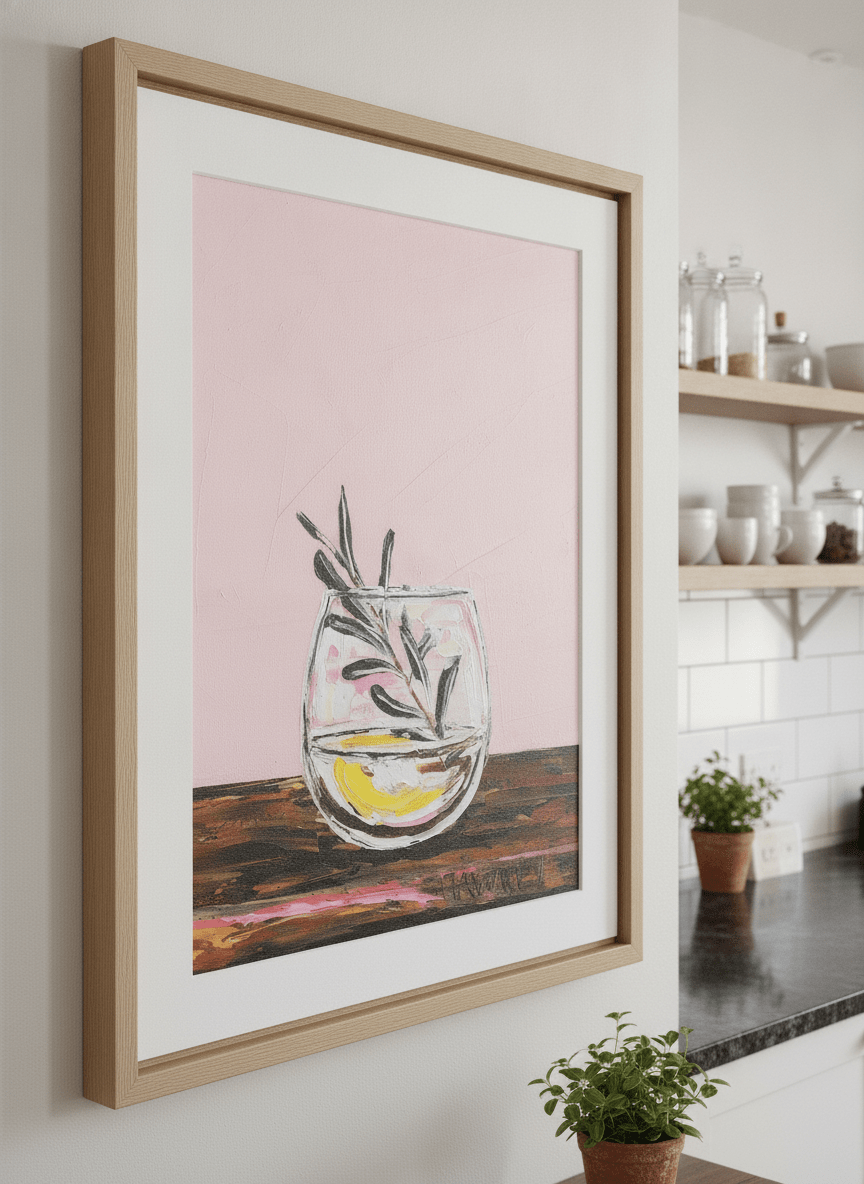 Artwork styled on the wall of a bright modern kitchen