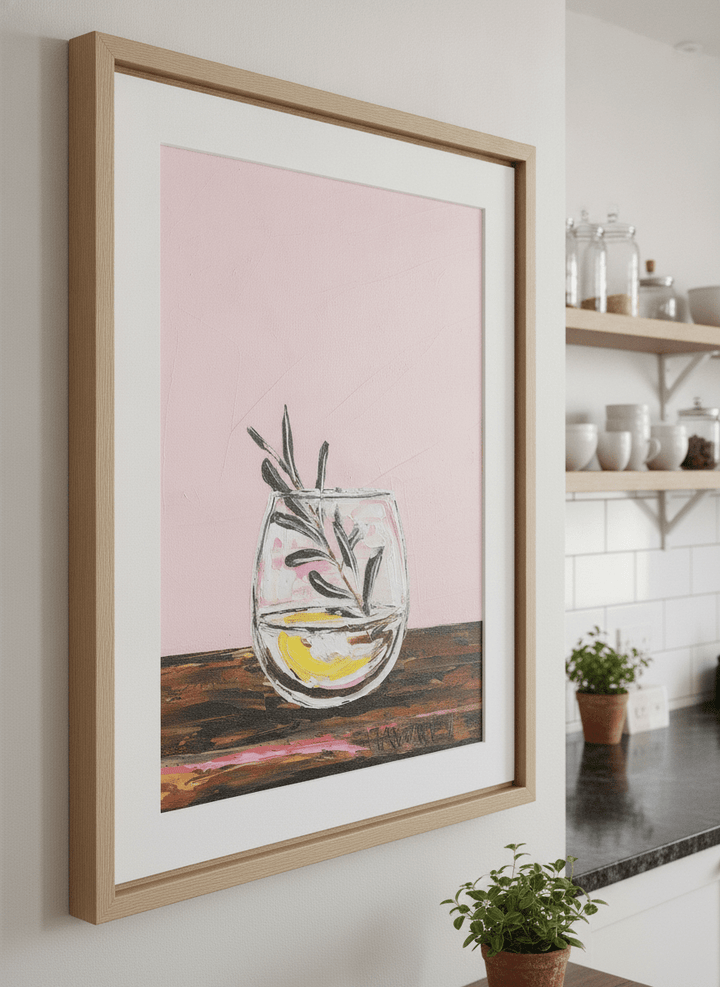 Artwork styled on the wall of a bright modern kitchen