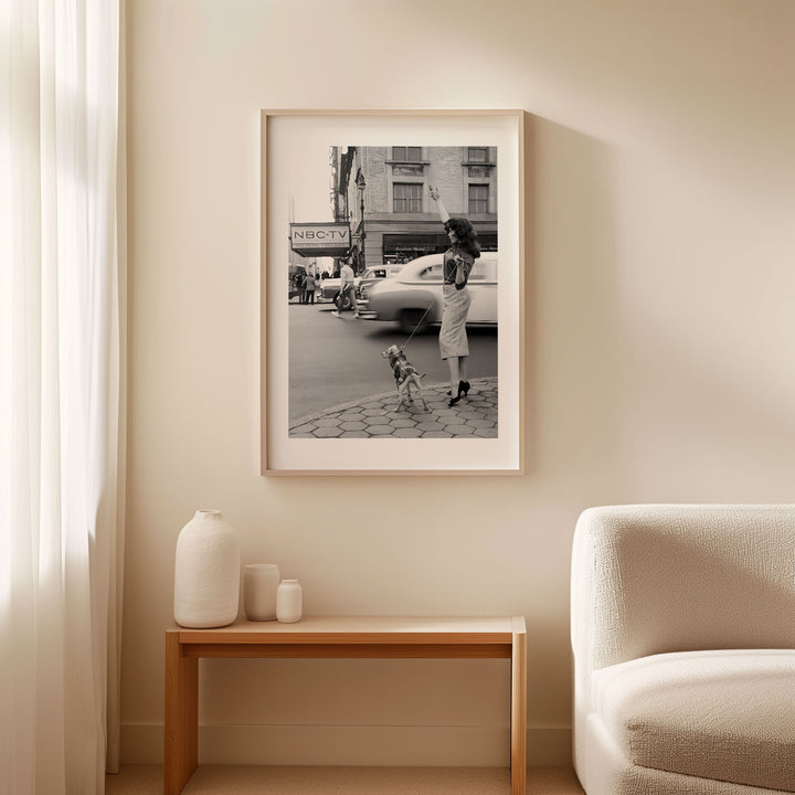 black and white girl hailing cab vintage photo print white border