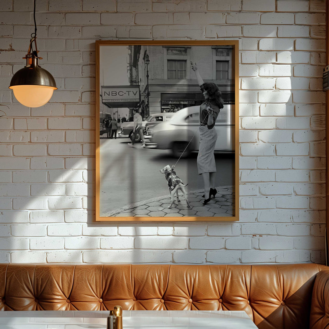 girl hailing cab with dog large timber