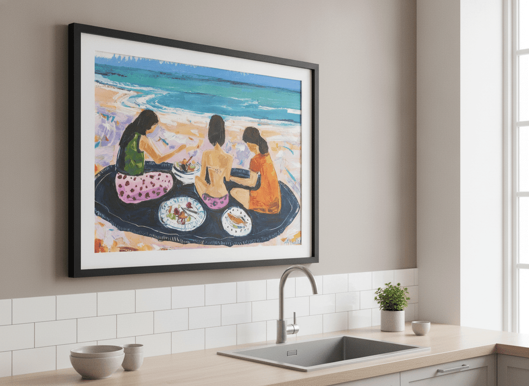 Artwork styled on the wall of a bright modern kitchen