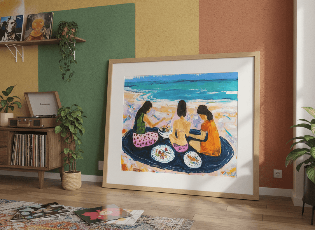 Bold wall art styled in a colourful, eclectic modern home