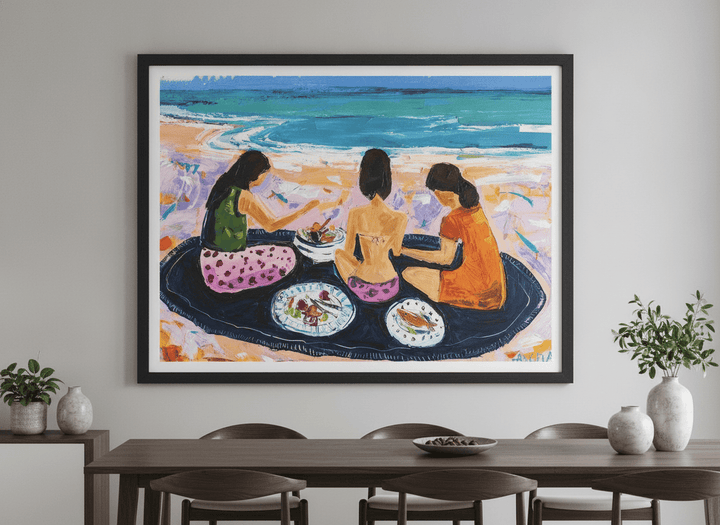 Wall art styled above a dining table in a contemporary home