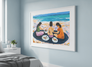 Minimalist artwork displayed in a calm, light-filled bedroom interior