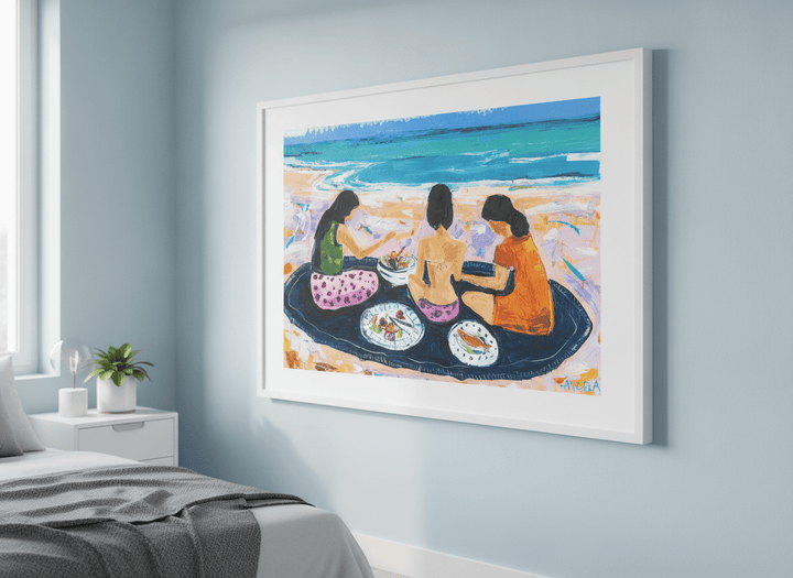 Minimalist artwork displayed in a calm, light-filled bedroom interior