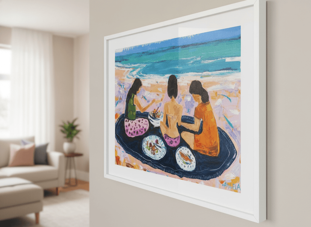 Modern wall art styled above a sofa in a neutral living room
