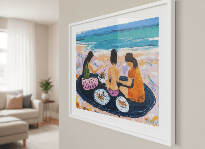 Modern wall art styled above a sofa in a neutral living room