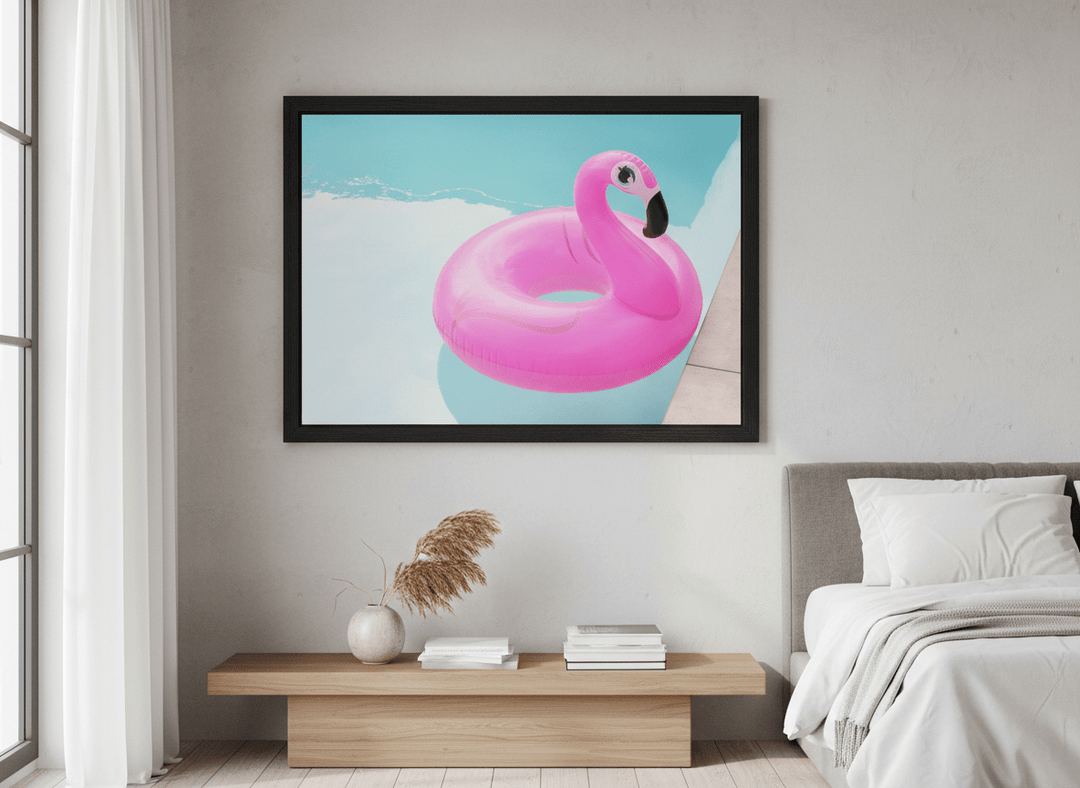 Minimalist artwork displayed in a calm, light-filled bedroom interior