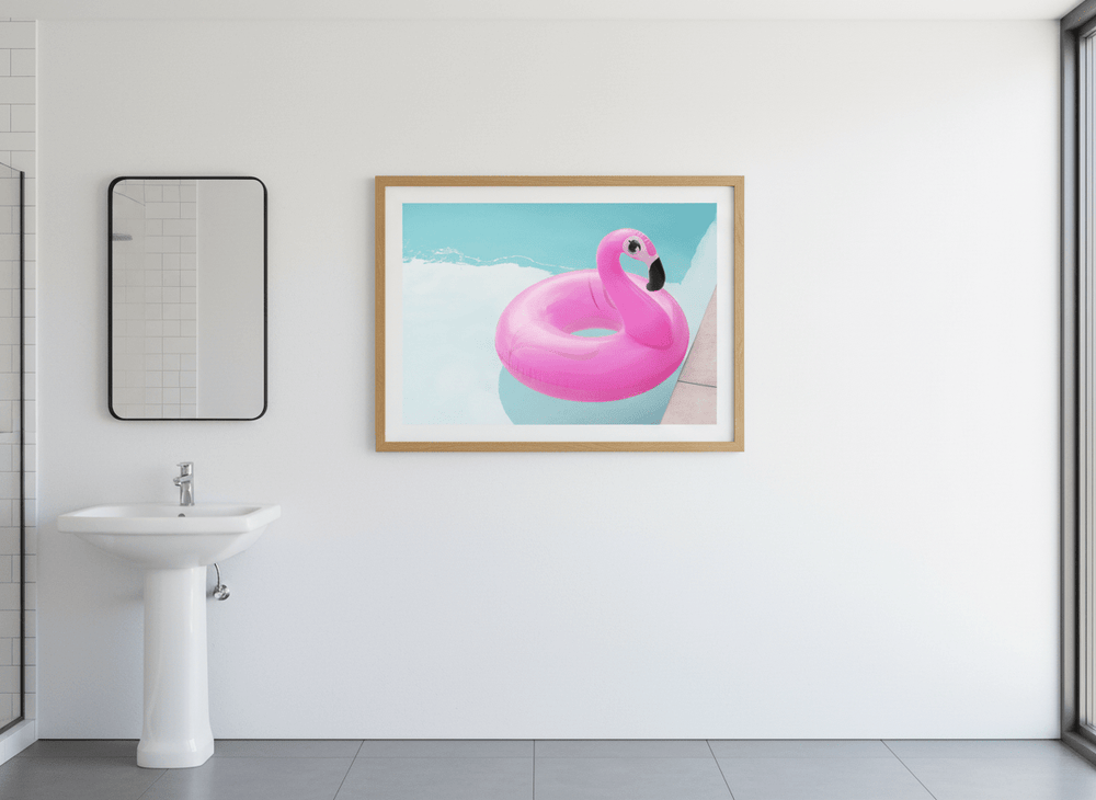 Modern print displayed in a clean minimalist bathroom setting