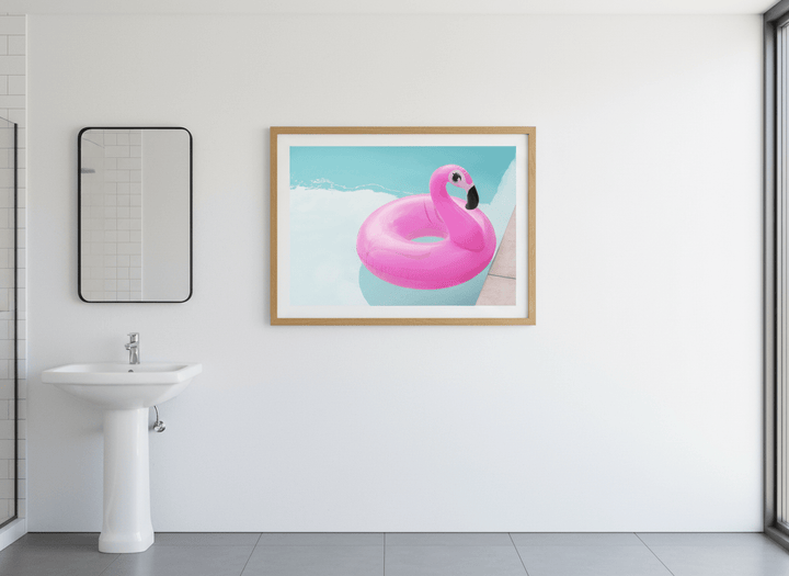 Modern print displayed in a clean minimalist bathroom setting