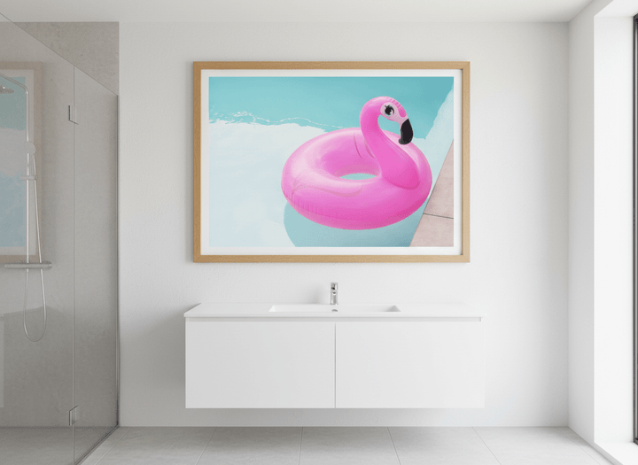 Modern print displayed in a clean minimalist bathroom setting