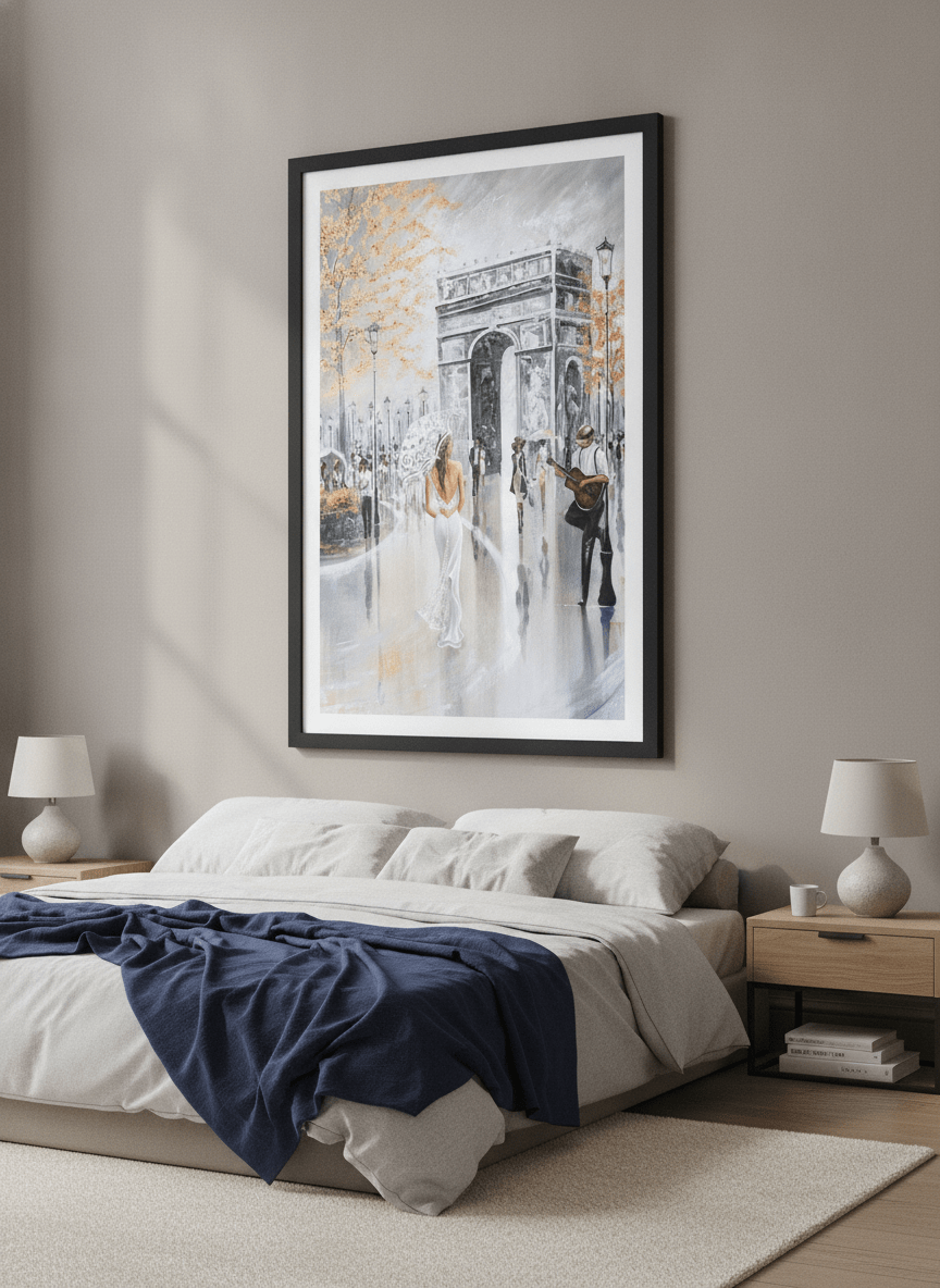 Minimalist artwork displayed in a calm, light-filled bedroom interior