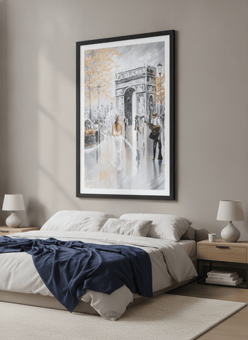 Minimalist artwork displayed in a calm, light-filled bedroom interior