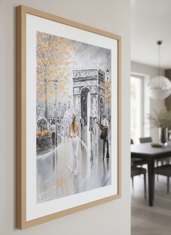 Wall art styled above a dining table in a contemporary home