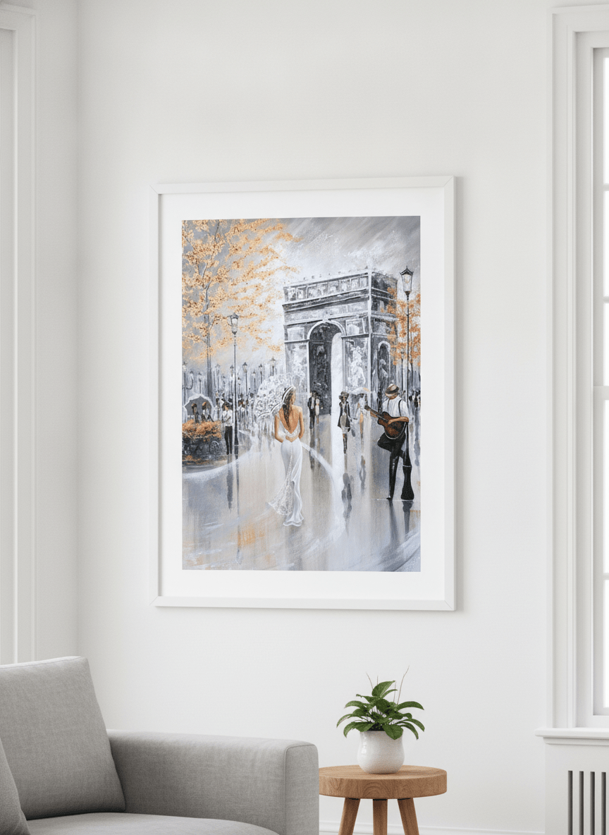 Modern wall art styled above a sofa in a neutral living room