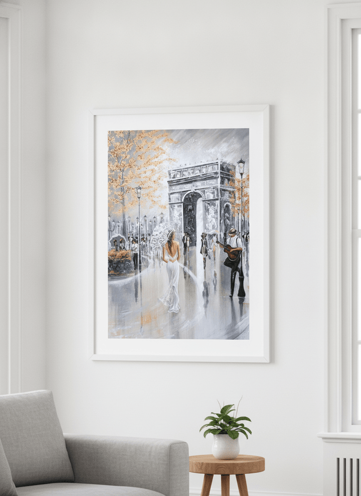 Modern wall art styled above a sofa in a neutral living room