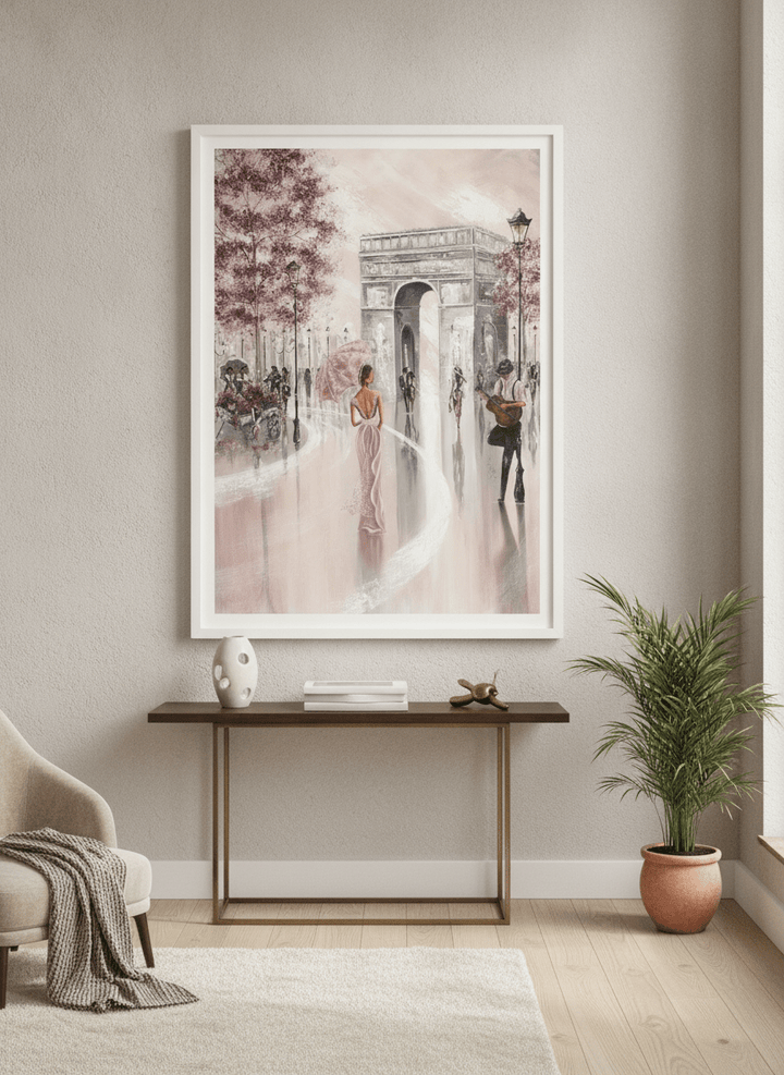 Monumental artwork centred on a feature wall in a luxe interior