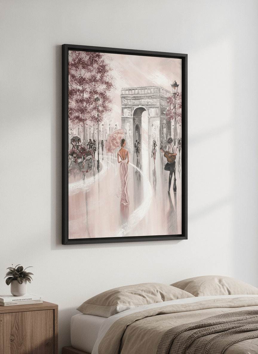 Minimalist artwork displayed in a calm, light-filled bedroom interior