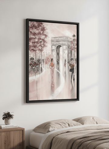 Minimalist artwork displayed in a calm, light-filled bedroom interior