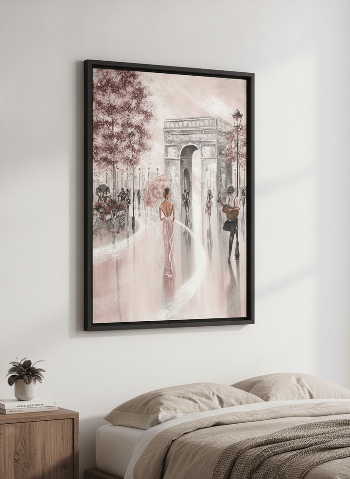 Minimalist artwork displayed in a calm, light-filled bedroom interior