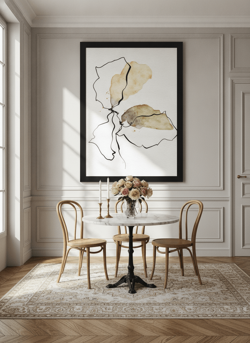 Oversized statement modern wall art print styled on the wall in a Parisian dining room