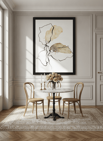 Oversized statement modern wall art print styled on the wall in a Parisian dining room