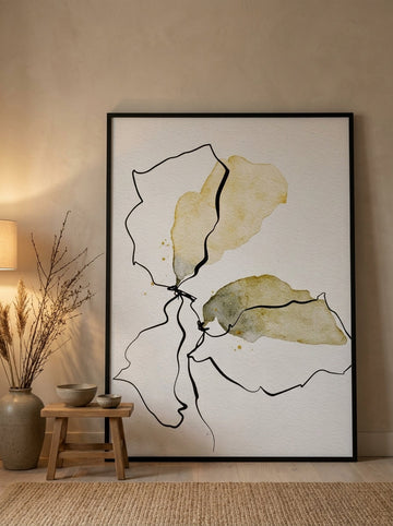 Oversized statement modern wall art print leaning against the wall in a warm Japandi bedroom