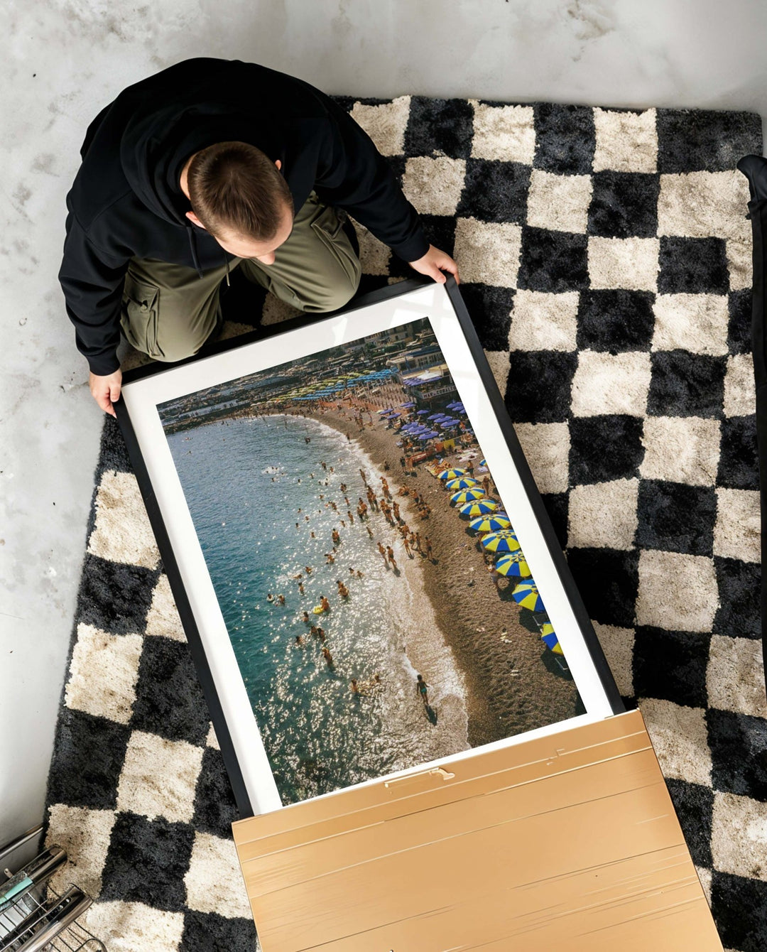 unboxing of beach photo on checked rug