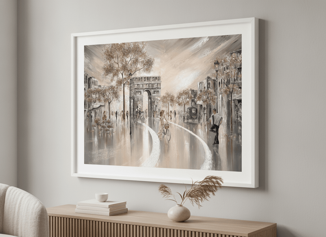 Modern wall art styled above a sofa in a neutral living room