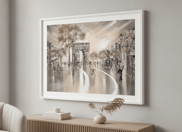 Modern wall art styled above a sofa in a neutral living room