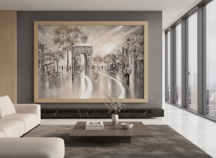 Monumental artwork centred on a feature wall in a luxe interior